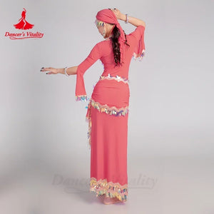 Women's Belly Dance Baladi Saidi 4-Piece Costume Set With Robe, Bra, Headscarf, Hip Scarf For Competition