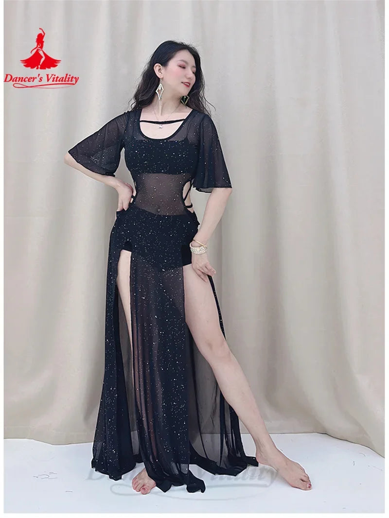 Women's Black Sparkle Mesh Cutout Slit Skirt Belly Dance Dress