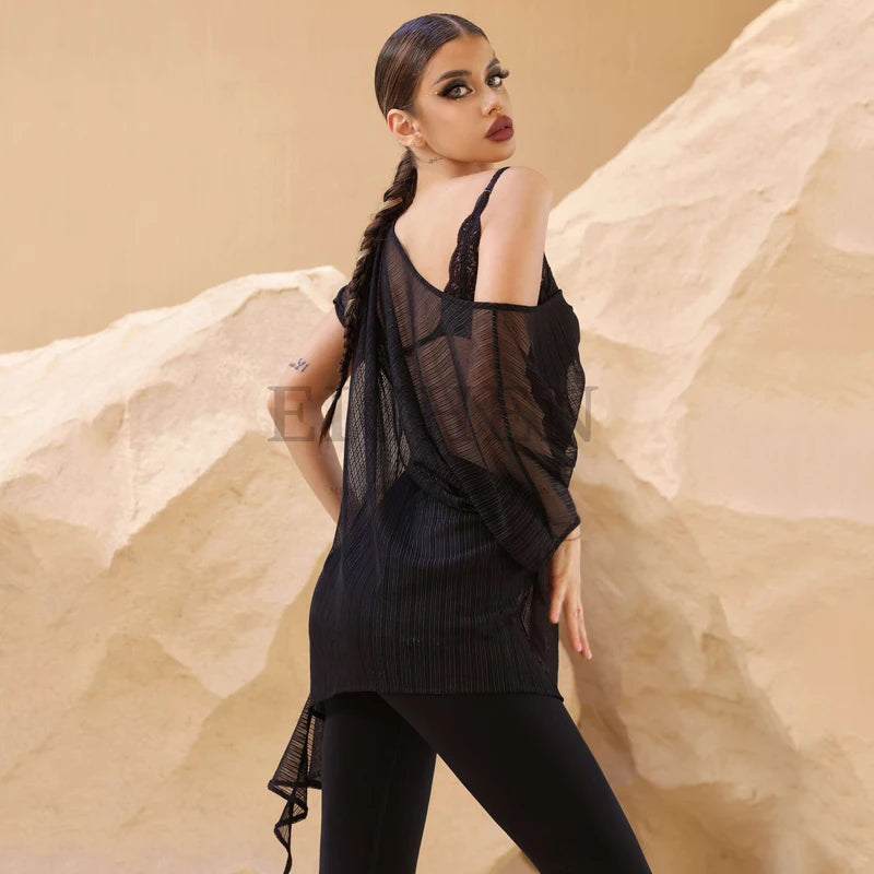 Women's Black Sheer Pleated Off-Shoulder Dance Top with Spaghetti Straps