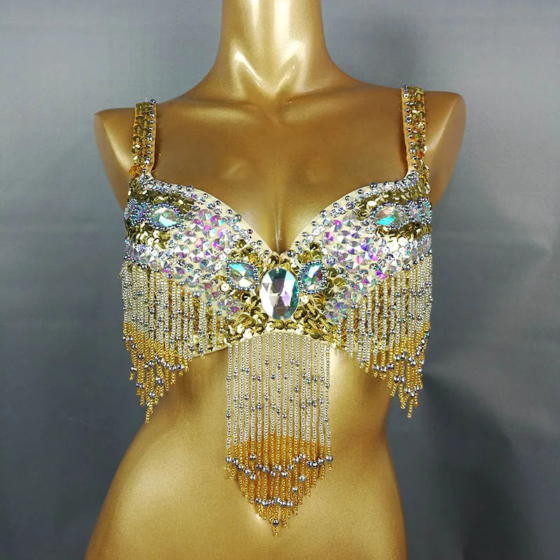 Women's Black Sequin Beaded Fringe Belly Dance Bra Top