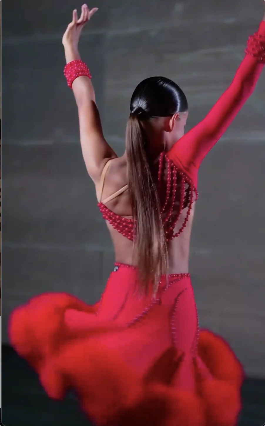 Women's Red Latin Dance Dress, Cut-Out Beaded Spandex Rhythm Ballroom Gown