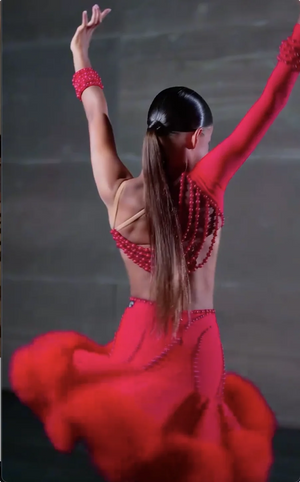 Women's Red Latin Dance Dress, Cut-Out Beaded Spandex Rhythm Ballroom Gown