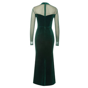 Green Velvet Long Dress with Mesh Sleeves and Diamond Chain Detail