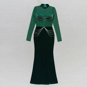 Green Velvet Long Dress with Mesh Sleeves and Diamond Chain Detail