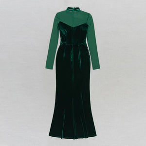 Green Velvet Long Dress with Mesh Sleeves and Diamond Chain Detail