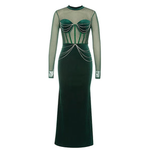 Green Velvet Long Dress with Mesh Sleeves and Diamond Chain Detail