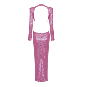 Sequin Rhinestone Floral Pink Round Neck Long Sleeve Waist Cut Out Backless Party Maxi Dress