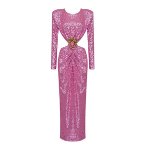 Sequin Rhinestone Floral Pink Round Neck Long Sleeve Waist Cut Out Backless Party Maxi Dress