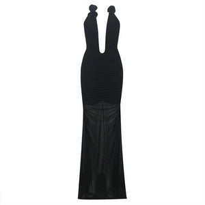 Elegant Black Velvet Halter Neck Maxi Dress with V-Cut and Floral Accents