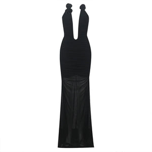 Elegant Black Velvet Halter Neck Maxi Dress with V-Cut and Floral Accents