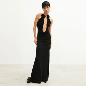 Elegant Black Velvet Halter Neck Maxi Dress with V-Cut and Floral Accents