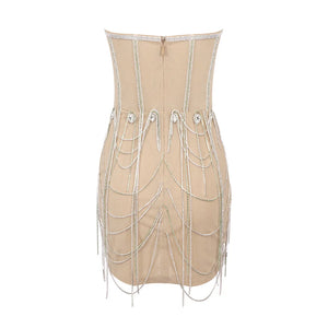 Embellished Apricot Backless Tube Top Mini Dress with Cross Tassels