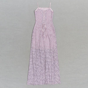 Elegant Lavender Lace V-Neck Slim Fit Dress with Spaghetti Straps