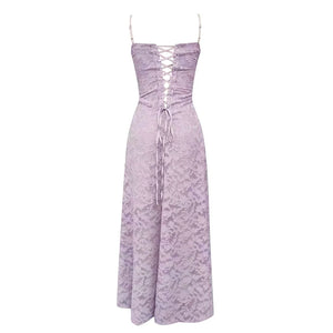 Elegant Lavender Lace V-Neck Slim Fit Dress with Spaghetti Straps