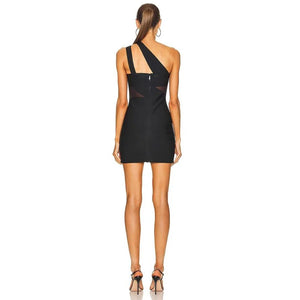 Sexy Bandage Dress Black Off Shoulder One Shoulder Cut Out Mesh Patchwork Bodycon Mini Dress