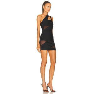 Sexy Bandage Dress Black Off Shoulder One Shoulder Cut Out Mesh Patchwork Bodycon Mini Dress