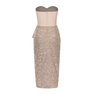 Strapless Bandage Top with Sequin Pleated Skirt Split Bodycon Party Dress