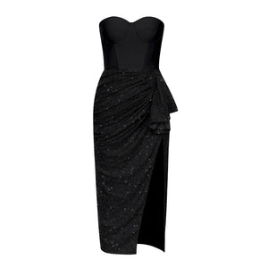 Strapless Bandage Top with Sequin Pleated Skirt Split Bodycon Party Dress