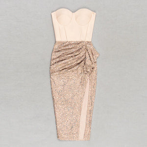 Strapless Bandage Top with Sequin Pleated Skirt Split Bodycon Party Dress