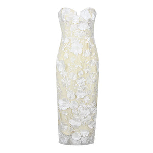 Strapless Floral Embroidered Sheath Dress with Beaded Detail and Side Slits