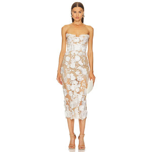 Strapless Floral Embroidered Sheath Dress with Beaded Detail and Side Slits