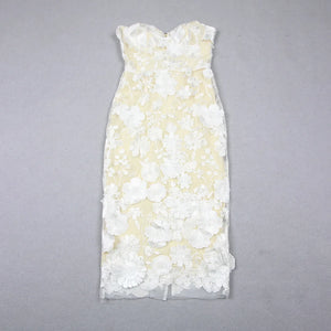 Strapless Floral Embroidered Sheath Dress with Beading and Side Slit