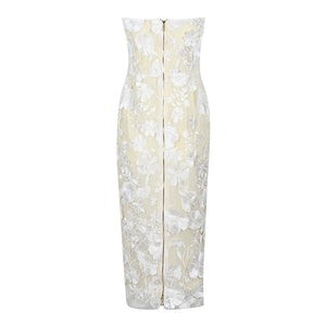 Strapless Floral Embroidered Sheath Dress with Beaded Detail and Side Slits