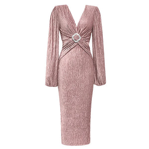 V-Neck Pleated Long Sleeve Dress with Crisscross Mesh and Front Buckle Detail