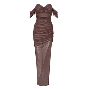 Elegant Burgundy Off-Shoulder Sleeveless Mesh Pleated Evening Dress