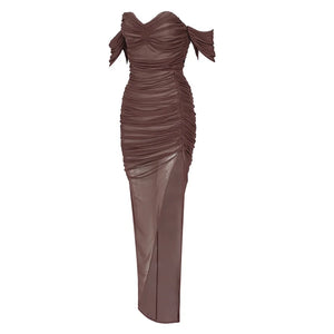 Elegant Burgundy Off-Shoulder Sleeveless Mesh Pleated Evening Dress