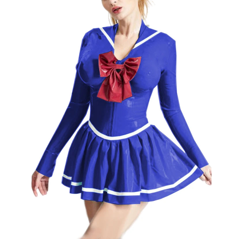 Glossy PVC Leather Cosplay Sailor Dress with Bowknot Long Sleeve Pleated Mini Skirt Zip-up Uniform Costume Multi-color