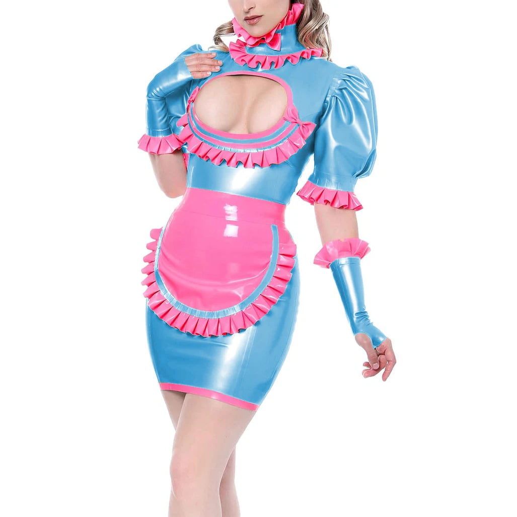 Maid Cosplay Mini Dress High Neck Ruffles Hollow Out Chest with Apron Multi-Color Fetish Lingerie Uniform 7XL