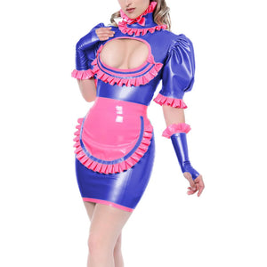 Maid Cosplay Mini Dress High Neck Ruffles Hollow Out Chest with Apron Multi-Color Fetish Lingerie Uniform 7XL