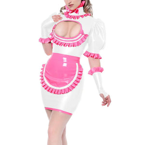 Maid Cosplay Mini Dress High Neck Ruffles Hollow Out Chest with Apron Multi-Color Fetish Lingerie Uniform 7XL