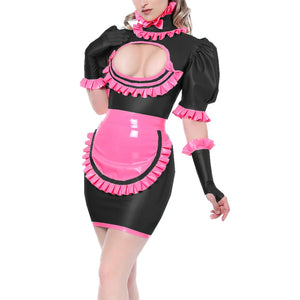 Maid Cosplay Mini Dress High Neck Ruffles Hollow Out Chest with Apron Multi-Color Fetish Lingerie Uniform 7XL