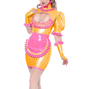 Maid Cosplay Mini Dress High Neck Ruffles Hollow Out Chest with Apron Multi-Color Fetish Lingerie Uniform 7XL