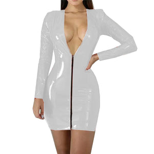 Women's Deep V Neck PVC Leather Mini Dress Long Sleeve Zipper Bodycon Short Dress Available in Multi Colors High Street Style Faux Leather