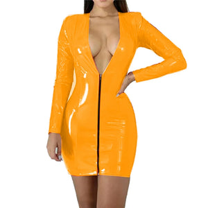 Women's Deep V Neck PVC Leather Mini Dress Long Sleeve Zipper Bodycon Short Dress Available in Multi Colors High Street Style Faux Leather