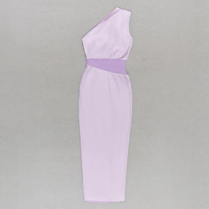 Elegant Lavender One-Shoulder Dress with High Slit and Ruched Waist Detail