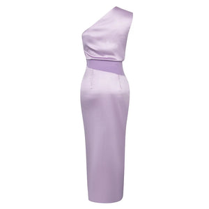 Elegant Lavender One-Shoulder Dress with High Slit and Ruched Waist Detail