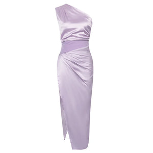 Elegant Lavender One-Shoulder Dress with High Slit and Ruched Waist Detail