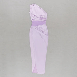 Elegant Lavender One-Shoulder Dress with High Slit and Ruched Waist Detail