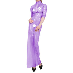 Glossy Clear PVC Front Zipper Short Sleeve Straight Maxi Dress Casual Party Club Nightwear Multi-Color