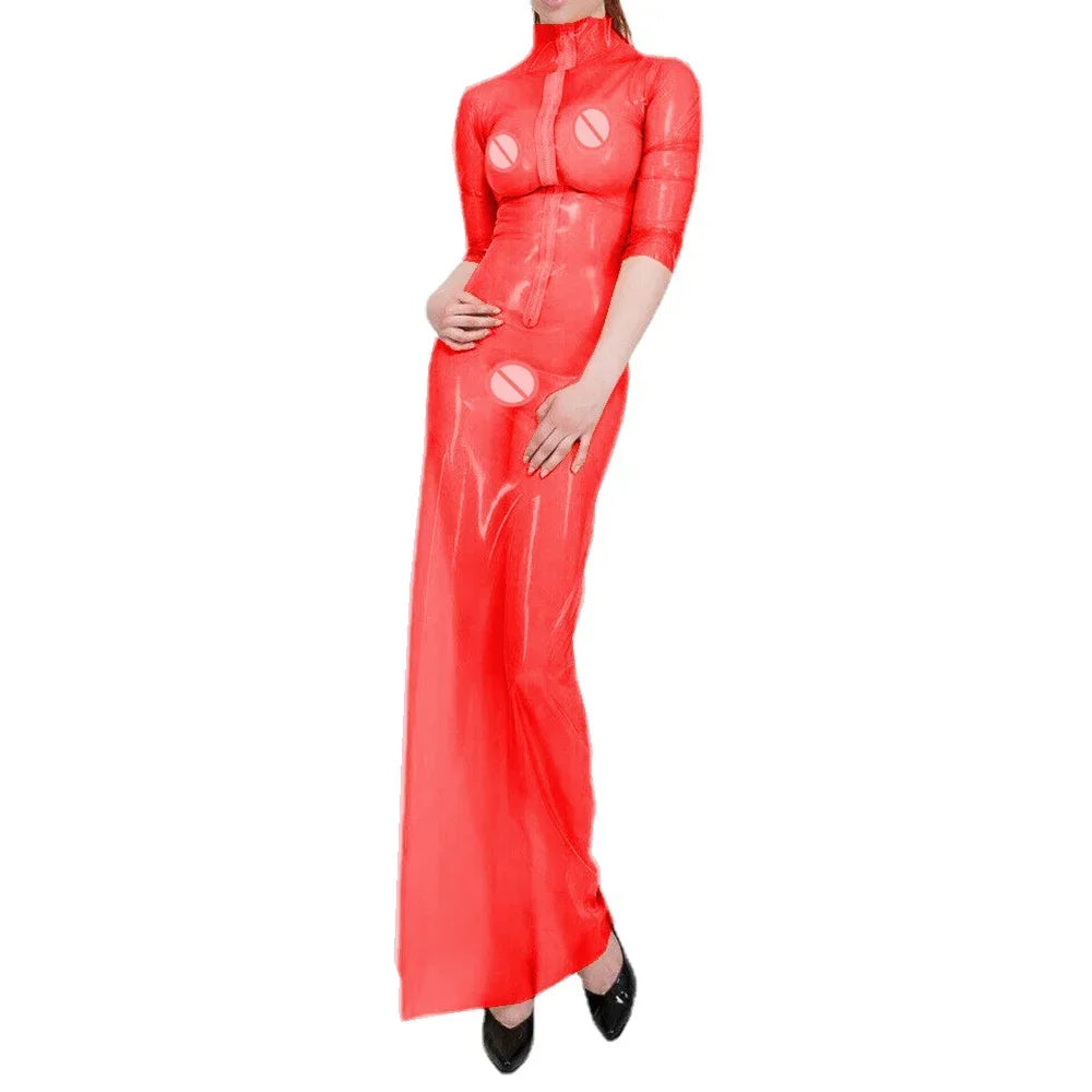 Glossy Clear PVC Front Zipper Short Sleeve Straight Maxi Dress Casual Party Club Nightwear Multi-Color