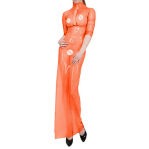 Glossy Clear PVC Front Zipper Short Sleeve Straight Maxi Dress Casual Party Club Nightwear Multi-Color