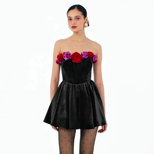 Black Velvet Strapless Dress with Multicolor Rose Accents and Flared Skirt