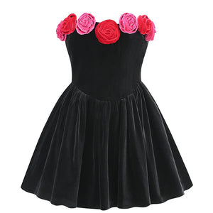 Black Velvet Strapless Dress with Multicolor Rose Accents and Flared Skirt