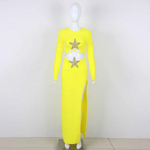 Long-Sleeve Yellow Dress with Star Beaded Cutouts and Thigh-High Slit Two-Piece Set