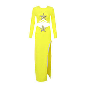 Long-Sleeve Yellow Dress with Star Beaded Cutouts and Thigh-High Slit Two-Piece Set