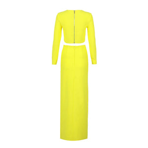 Long-Sleeve Yellow Dress with Star Beaded Cutouts and Thigh-High Slit Two-Piece Set